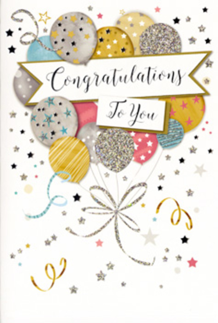 The congratulations card in this image is like a refined party in pastel and metallic tones, ideal for pairing with a chic bouquet heading to an office near Waterloo or a flat overlooking the Thames. A bouquet of illustrated balloons dominates the design, layered one over the other so they feel full and three-dimensional. Soft gold, muted silver, champagne cream, sky blue, rose pink, and whisper-grey spheres float together, each balloon adorned with sparkling patterns: some dusted with tiny stars, others wrapped in delicate glitter bands or confetti-like speckles that recall the shimmer of lights along the South Bank at dusk. Slender golden and silvery strings trail down from the balloons, curling into loose loops that visually anchor the design. Draped across them is an elegant banner with graceful calligraphy spelling out Congratulations, the lettering ornate but easy to read, giving the impression of a thoughtfully chosen, high-quality card. The background is a gentle wash of pale colour, scattered with miniature metallic stars, dots, and curling ribbons that mimic the joyful chaos of a surprise party. The whole effect is airy, celebratory, and sophisticated, like the finishing touch a professional florist might suggest when you are sending flowers to mark a graduation, promotion, or personal achievement nearby. It feels designed for those luminous turning points in life-a keepsake card that carries admiration, delight, and pride from sender to recipient across Waterloo and its bustling streets.