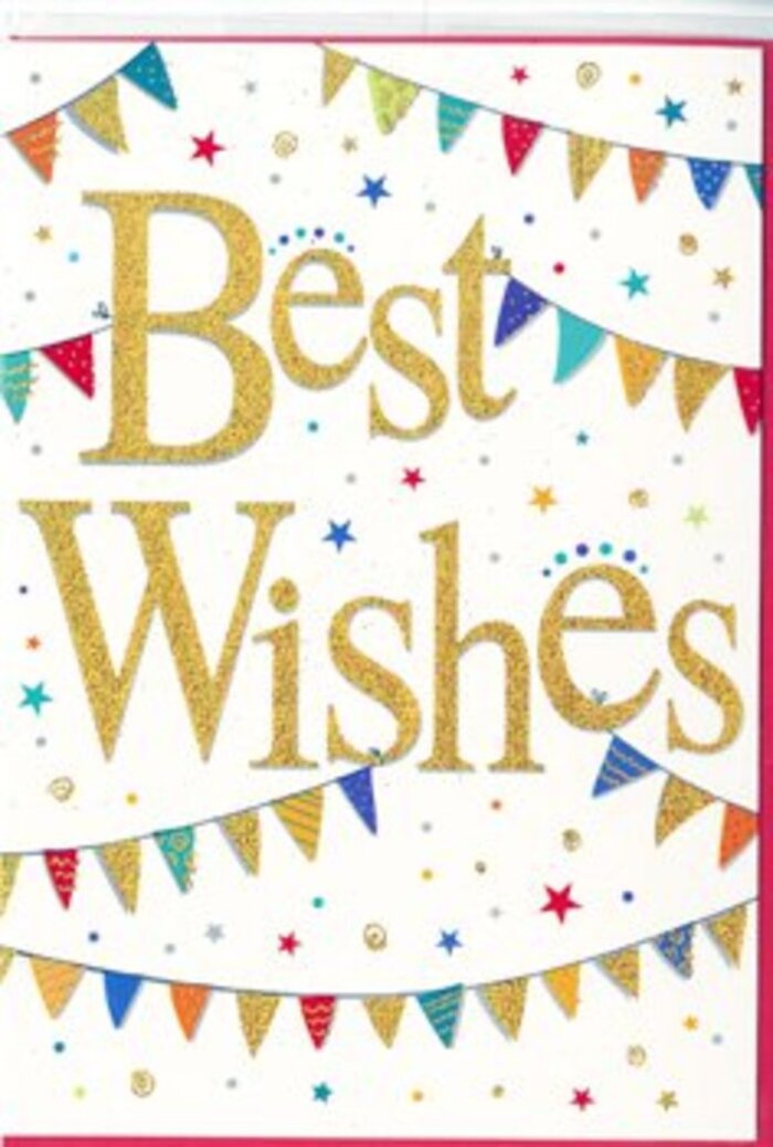 This Best Wishes card looks like a moment of pure celebration paused in time, set against a smooth, snowy white background that keeps every detail clear and bright. In the middle, the words Best Wishes are written in sweeping gold calligraphy, the strokes thick enough to feel substantial yet graceful. The gold ink appears embossed and delicately glittered, as though tiny flecks of light are caught in the curves and flourishes of each letter. It summons the feeling of confetti sparkling in the air above a lively gathering near Waterloo Bridge at dusk. Surrounding this central message, strands of bunting curve in relaxed arcs, one set near the top of the card and another beneath, framing the words like festive garlands draped across a local courtyard. Each miniature triangle of bunting is a different jewel-toned colour-deep fuchsia, teal, lime, burnt orange, indigo-some with stripes, others with dots or small mosaic-like patterns, giving the impression that every flag was chosen with care. A hint of metallic shimmer on a few of the pennants makes them appear to glint as if they are gently swaying in soft evening light along the South Bank. Scattered around these strands are playful accents of stars and tiny dots, in matching colours, that look like confetti settling after a cheerful toast. The design manages to feel both exuberant and composed, making it perfect for marking big milestones-a promotion, an engagement, a move into a new flat near Waterloo-or quieter triumphs such as finishing a long project. It's the kind of card that seems tailor-made to be paired with a thoughtfully arranged bouquet, adding an extra layer of warmth and optimism to the gesture.