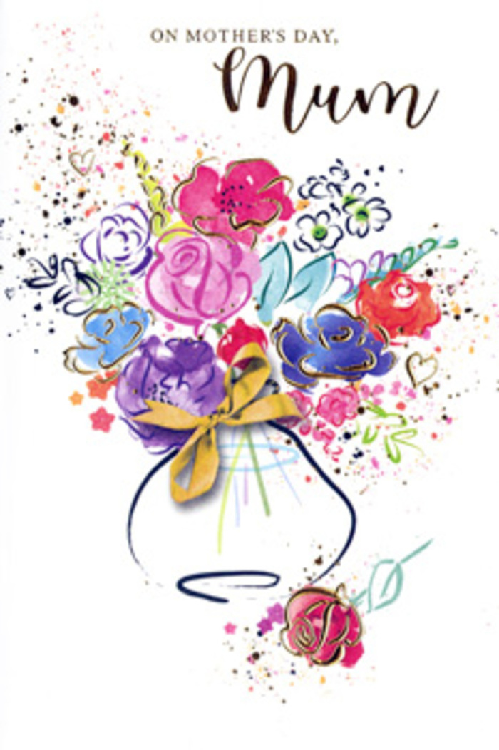 An exuberant, painterly bouquet fills this Mother's Day card, depicted as though a local Waterloo florist sketched it quickly between serving walk-in customers from The Cut and Lower Marsh. Streaks of hot pink, raspberry, and deep cerise sweep across the card, forming loosely defined blossoms that seem to open right before the eye. Threads of rich indigo and cobalt blue describe other petals and shadows, giving depth and contrast to the warmer tones. Soft apricot and delicate peach touches appear near the edges of the larger flowers, blending into bright chartreuse and fresh green strokes that suggest leaves and stems without rigid outlines. Throughout the composition, tiny highlights of metallic gold delicately follow the curves of petals and the tips of foliage, adding a gentle shimmer like evening light reflecting on Thames waters. The bouquet emerges from a whimsical, lightly drawn vase at the bottom of the card, its form hinted at with translucent washes and finished with a tidy golden bow, reminiscent of the ribbon tied around a hand-tied arrangement ready for same-day delivery across Waterloo and nearby SE1 streets. Around the main cluster, playful splatters of paint, floating dots, and subtle heart motifs create a sense of joyful energy, as if petals and feelings were scattered together in celebration. The white background keeps everything airy and open, allowing each colour to stand apart and then merge again, like memories shared between mother and child. The card feels like a keepsake painting-an expressive bouquet that will never wilt, carrying gratitude, admiration, and long-lasting affection.