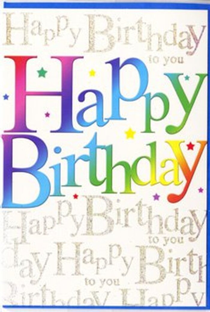 In this image, a birthday greeting card stands proudly with its cover facing forward, presenting a generous Happy Birthday message that fills the centre with luminous colour. Each large, bold letter carries a soft gradient that merges one bright shade into the next-starting with deep red and magenta tones at one edge, drifting through rich coral, sunshine yellow, and fresh spring green, before settling into cool turquoise and velvety indigo at the other side. The effect is like looking at a carefully arranged rainbow bouquet, the kind a Waterloo florist might design for a celebration near Lower Marsh, where each flower blends into the next yet keeps its distinct charm. The typography feels youthful and celebratory, with rounded, confident strokes that seem to rise slightly off the page, as though ready to leap into song. Behind this central phrase, the background is a wash of pale, creamy white overlaid with looping golden script. The words Happy Birthday to you repeat in a graceful, flowing hand, forming delicate lines that run diagonally across the card. The gold ink has a subtle metallic sheen, so even a gentle light-perhaps from a nearby window overlooking the station-would make the letters glimmer softly, like distant party lights. Interspersed throughout are tiny specks and traces of fine glitter that enhance the shimmer without making the design feel heavy or overly ornate. The whole card feels sophisticated yet cheerful, ideal for marking a significant birthday or simply making someone in Waterloo feel thought of and celebrated, especially when placed beside a vase of locally arranged, colourful birthday flowers.