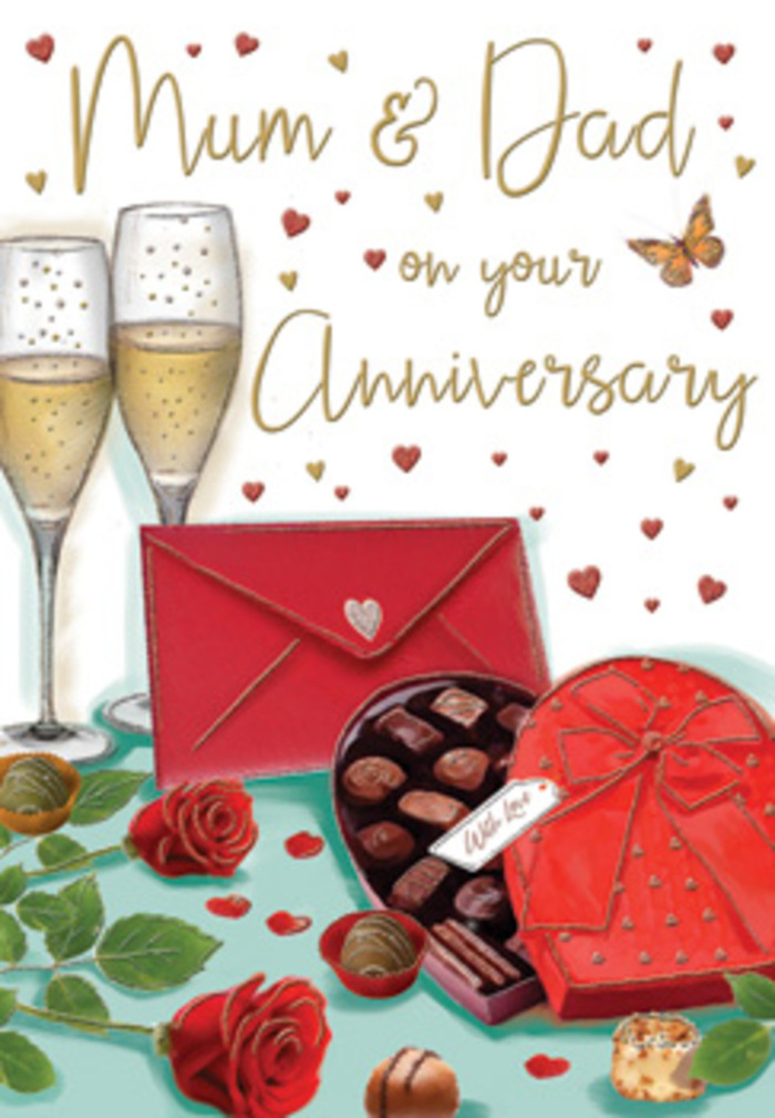 Luxuriously detailed anniversary card illustration that feels as if it could be sitting on a dining table in a Waterloo townhouse, ready for an evening toast. At the centre are two tall, graceful champagne flutes, their clear glass catching specks of golden light, each filled with pale, sparkling wine whose bubbles rise like tiny strings of pearls. In front of them, a pair of vivid red roses rests casually on the table, the blooms full and velvety, with rich green leaves fanning out beneath them, echoing the kind of carefully chosen stems a skilled local florist would recommend for a milestone celebration. Just to the side, a heart-shaped box of chocolates lies open, showing an assortment of glossy, dark and milk chocolates nestled in a soft, cream lining, anchored by a sumptuous red ribbon tied in an elegant bow. A few scattered chocolates, slightly imperfect in their placement, add a sense of lived-in warmth, as though Mum & Dad have just started sharing them after a stroll along the South Bank or through nearby Jubilee Gardens. All around, subtle gold accents and drifting crimson hearts dance across the background, framing a handwritten-style Mum & Dad greeting that feels personal and affectionate. A bright red envelope angles into the scene, its flap firmly sealed, hinting at a private love note or a message from children thanking their parents for years of love. The overall mood is intimate and glowing, recalling the soft clink of glassware, the comforting aroma of chocolate, and the classic romance of roses enjoyed at home in Waterloo.