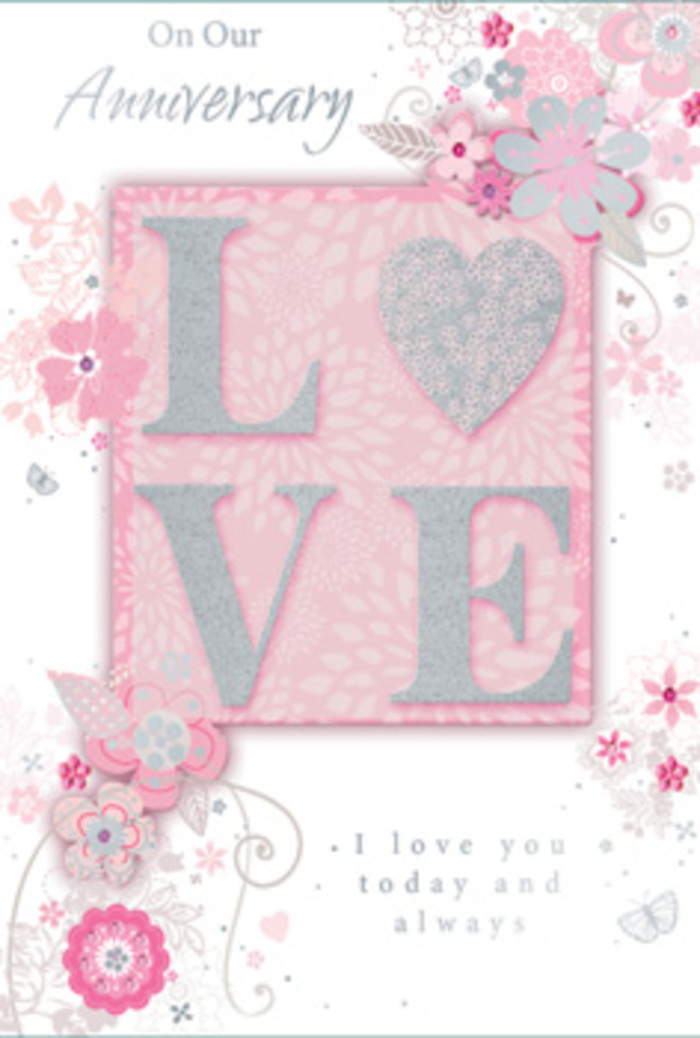 This close-up image of an anniversary card evokes the feeling of stepping into a sunlit room in Waterloo where love is quietly celebrated every day. At its heart, the word LOVE appears in large, capital letters, each one generously raised from the cardstock so it can be felt clearly under the fingertips. A soft, frosted glitter finish dusts the letters, catching points of light like the surface of the Thames on a bright afternoon. The background behind the word shades from a deeper blush pink at the centre to a softer pastel toward the edges, creating a gentle halo effect. Around this central motif, a trail of hand-drawn flowers, wispy foliage, and delicate flourishes winds along the borders, much like the flowing outlines a florist might sketch while planning a romantic arrangement for a couple living off Baylis Road. Petals appear in tones of pink, lilac, and creamy ivory, with the occasional subtle butterfly shape tucked between the blooms, so light it almost disappears into the design. Fine filigree lines and tiny leaves suggest motion, as if a quiet breeze is drifting through the composition. An elegant message, I love you today and always, rests in understated, flowing type, not competing with the artwork but gently anchoring it with sincere emotion. The card feels serene yet deeply affectionate, like a hand-tied bouquet that has been translated into paper and ink. It's easy to imagine this card accompanying a lush anniversary arrangement delivered across Waterloo and the surrounding SE1 streets, a tangible reminder of lasting devotion.