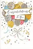 This image shows a joyful congratulations card, styled like a delicate balloon bouquet ready to accompany fresh flowers being delivered around Waterloo. At the centre, a rounded cluster of illustrated balloons drifts upwards, each balloon unique in its decoration and tone. Some shine in soft gold, others gleam in silver, while champagne, blush pink, sky blue, and pale grey add gentle colour that feels light and uplifting, like a clear day above the London Eye. The surfaces are patterned with tiny glints of stars, glittering dots and fine stripes, giving the impression of shimmer and texture even though they are drawn in ink. Thin ribbons fall from each balloon, curling gracefully at the bottom as though they have just been tied by a careful hand behind the counter at a local florist. Floating across the centre is a banner bearing the words Congratulations To You in flowing, elegant script, the kind of lettering that feels personal and heartfelt. Around the balloons, the background is scattered with little metallic stars, playful swirls, and delicate confetti shapes, all set against a light, airy base colour that makes the design look bright without being loud. The atmosphere of the card is one of gentle celebration and sincere pride-perfect for graduations, promotions, exam results, or a big achievement at one of the nearby offices. It feels like a paper echo of an uplifting bouquet, created to bring a burst of happiness to someone special in Waterloo.