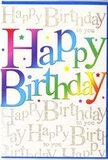 A festive birthday card dominates the scene, its focus firmly on the jubilant Happy Birthday statement that stretches across the front in big, radiant letters. Each letter is flooded with a velvety gradient of colour, moving smoothly from bold crimson and warm orange into bright yellow, apple green, sky blue, and soft violet, echoing the vivid mix of a birthday bouquet ready for delivery around Waterloo. The transitions are gentle, so the greeting reads as one harmonious ribbon of colour rather than separate blocks, evoking the easy flow of a joyful celebration. Behind the bold type, the backdrop is alive with fine lines of script written in gleaming gold. The phrase Happy Birthday to you appears again and again in cursive strokes that curve and loop, running at a slight diagonal like a patterned fabric. The gold script glimmers when the light hits it, not with heavy sparkle but with that refined sheen you might notice on a well-chosen card from a small shop near The Old Vic. Soft glitter highlights some of the swirling letters, creating tiny points of light that make the card seem to twinkle, as if catching reflections from candles on a birthday cake. The overall layout is clean yet richly decorated: strong, joyful lettering in front, intricate golden whispers in the background. It exudes warmth, friendliness, and a sense of occasion, ideal for setting alongside fresh flowers and gifts at a birthday gathering anywhere in the Waterloo area, where vibrant colours and heartfelt wishes come together in one uplifting design.