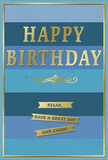 This refined birthday card combines tranquil blue tones with luminous gold accents, creating an impression as peaceful and uplifting as an early stroll through Waterloo's quiet side streets. The background is made of broad, horizontal blue stripes that transition from deep navy at the top through rich teal and ocean blue to a softer, sky-like shade towards the bottom. The gentle gradation gives the card depth and calm, evoking the feeling of watching light play on the surface of the Thames. Centered across these bands, the words HAPPY BIRTHDAY appear in bold, embossed gold letters. Each letter seems slightly raised, catching the light with a warm metallic gleam that signals celebration while maintaining a sense of elegance. Beneath the main greeting, a delicate golden flourish curves gracefully, adding a hint of classic design, like ornate ironwork you might notice on historic buildings close to Waterloo. Below this flourish, three tidy gold banners are arranged in a vertical stack, each ribbon carrying a short, kindly wish that invites the recipient to relax, savour the day, and enjoy their birthday. A fine gold border frames the card, giving the entire design a finished, carefully considered look. The matte blues and shiny gold create a pleasing contrast, suggesting a card that feels substantial and smooth in the hand, with textured embossing that could be traced by touch. This is the kind of quietly beautiful birthday card you might send alongside a hand-tied bouquet from a local Waterloo florist, offering not just a greeting but a moment of calm, heartfelt joy.