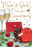 Illustrated anniversary card conveying the cosy, celebratory feel of an evening at home in Waterloo, created with romantic detail and warmth. In the foreground, two richly coloured red roses lie across a smooth tabletop, their petals soft and layered, with deep green leaves framing the blooms like a freshly prepared florist's display. Nearby, a heart-shaped chocolate box sits temptingly open, revealing neat rows of truffles and pralines, while a wide scarlet ribbon cascades over the lid in a luxurious bow. Standing proudly behind this indulgent arrangement are a pair of slender champagne flutes, filled with pale gold fizz, the bubbles rising gently and catching a warm, subtle light reminiscent of candlelight spilling through a Waterloo living room window. Floating above and around the central objects are tiny red and gold hearts, giving the soft cream background a sense of festive movement, while the hand-lettered dedication to Mum & Dad adds a tender, family-focused touch. A vivid red envelope rests off to one side, carefully sealed and slightly tilted, suggesting a card filled with loving words ready to be opened after dinner or perhaps after a walk past Waterloo Bridge. The harmonious palette of scarlet, gold, and rich green brings a sense of timeless romance and enduring affection. As someone used to designing anniversary flowers for local couples, the scene feels like a complete celebration in miniature: roses at their most fragrant, chocolates waiting to be shared, and glasses poised for a heartfelt anniversary toast.